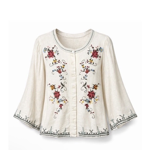 Solitare Tops - SOLITAIRE Needlepoint Floral Shirt Cropped Linen Blend Bell Sleeve Button Up M